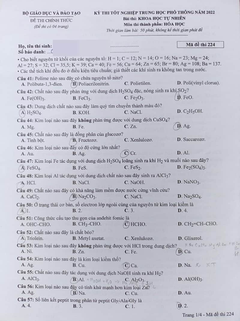 Đề thi môn Hóa học tốt nghiệp THPT quốc gia năm 2022