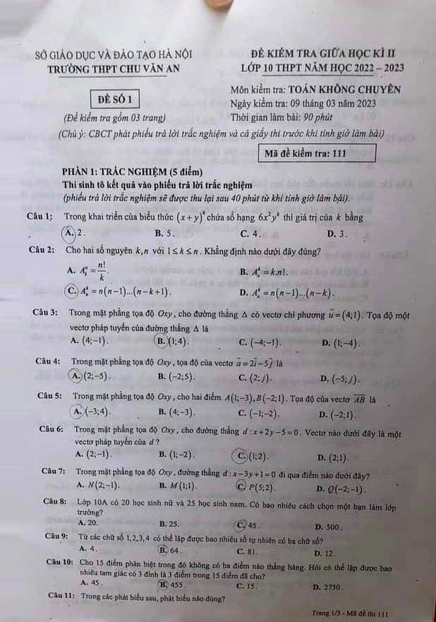 Đề thi Toán giữa học kỳ 2 lớp 9 Trường THCS Chu Văn An Hà Nội